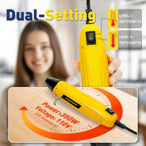 Yellow mini heat gun from All In One Solder Seal Wire Connector Kit with dual setting, 110V, 350W shown with settings display.