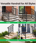 Heavy Duty Wrought Iron Porch Railing For Outdoor Stairs Rock Solid Adjustable Handrail in vintage, classic, modern, and cottage styles.