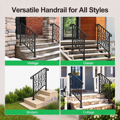 Heavy Duty Wrought Iron Porch Railing For Outdoor Stairs Rock Solid Adjustable Handrail in vintage, classic, modern, and cottage styles.