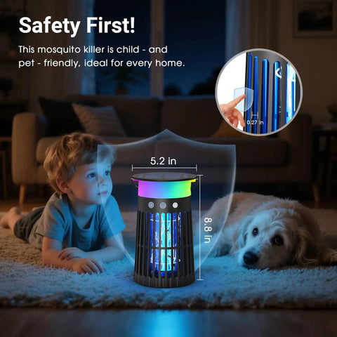 2 Pack Solar Bug Zapper Outdoor Portable Electric Mosquito Killer Waterproof Insect Trap with LED Night Light, child and pet friendly, in living room with child and dog