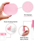 All In One 11 Piece DIY Facial Mask Tool Kit For At Home Spa With No Fuss Mixing Bowl Spatula Silicone Brushes Spray Bottle Puff Soaking Bottle And Measuring Spoons Pink, featuring wet sponge and bottles