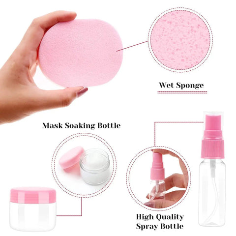 All In One 11 Piece DIY Facial Mask Tool Kit For At Home Spa With No Fuss Mixing Bowl Spatula Silicone Brushes Spray Bottle Puff Soaking Bottle And Measuring Spoons Pink, featuring wet sponge and bottles