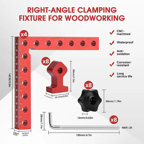 Four Pack 5.5 Inch Aluminum Alloy Right Angle Corner Clamp Set For Woodworking with measurements and feature icons.