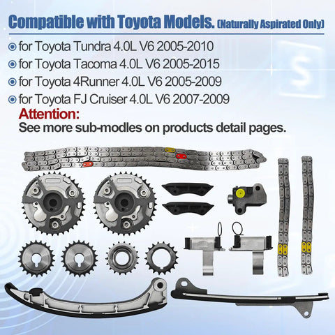 Drop In Timing Chain Kit With VVT Cam Phaser Sprockets And Guides For 4L V6 1GR FE Toyota Tacoma 2005 To 2015 displayed components