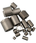 Close-up of 140 Piece Metric Thread Repair Kit M3 To M12 Stainless Steel Helicoil Set, various sizes on white background.