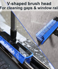Long Handle V Shaped Grout Scrub Brush With Built In Squeegee Edge cleaning window tracks with stiff bristles, blue head