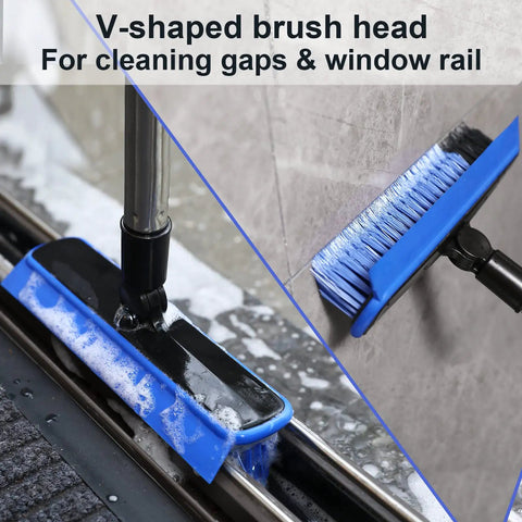 Long Handle V Shaped Grout Scrub Brush With Built In Squeegee Edge cleaning window tracks with stiff bristles, blue head
