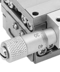 Close-up of micrometer adjustment on Manual XY Linear Sliding Table With Cross Roller Stage In Stainless Steel 30 By 30 Millimeter