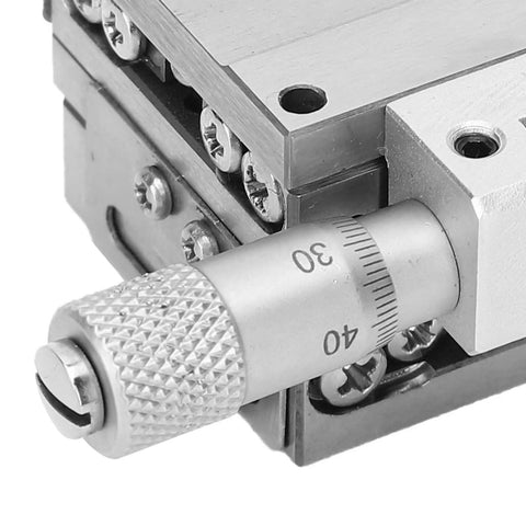 Close-up of micrometer adjustment on Manual XY Linear Sliding Table With Cross Roller Stage In Stainless Steel 30 By 30 Millimeter