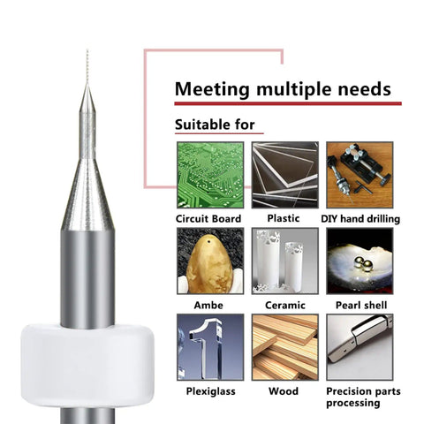Carbide PCB Drill Bit Set, 20 Pieces, 0.3mm mini CNC drilling bit close-up with usage examples for various materials like circuit board and wood.