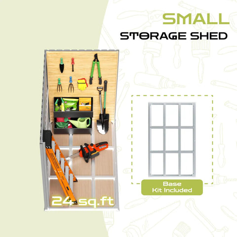 6 By 4 Outdoor Storage Shed In Brown Sturdy Metal Building With Floor Frame And Operable Window Perfect Tool Shed interior view showing organized tools and gear