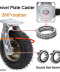 Heavy Duty Swivel Caster Wheels With Silent Pneumatic Rubber Tires showing 360° rotation, deep groove ball bearings, and durable steel plate.