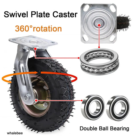 Heavy Duty Swivel Caster Wheels With Silent Pneumatic Rubber Tires showing 360° rotation, deep groove ball bearings, and durable steel plate.