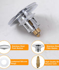 Pop Up Sink Stopper For 1.1 To 1.5 Inch Drains, Stainless Steel Hair Catcher Drain Filter, Anti Clog Plug details with labels