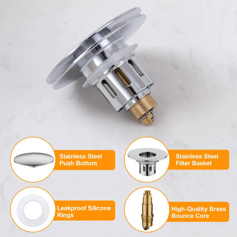 Pop Up Sink Stopper For 1.1 To 1.5 Inch Drains, Stainless Steel Hair Catcher Drain Filter, Anti Clog Plug details with labels