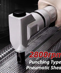 Beefy Pneumatic Sheet Metal Cutter Handheld Air Nibbler with Hardened Blade cutting metal with 2800 RPM air-powered shears