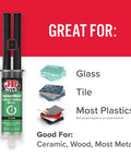 InstantWeld 2 Pack Clear Epoxy Adhesive That Sets In 2 Minutes With No Mess Static Mixer For Precision Repairs On Glass, Metal, Plastic And Ceramic, 14ml syringe with labeled uses for glass, tile, plastics, wood, and metals.