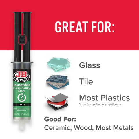 InstantWeld 2 Pack Clear Epoxy Adhesive That Sets In 2 Minutes With No Mess Static Mixer For Precision Repairs On Glass, Metal, Plastic And Ceramic, 14ml syringe with labeled uses for glass, tile, plastics, wood, and metals.