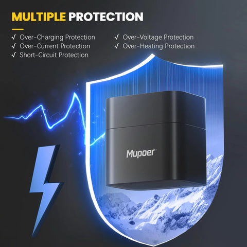 Heavy Duty Rechargeable Aa Lithium Batteries 8 Pack 1.5V 3000Mwh With Fast Charger And Storage Case 2500 Cycle Life Built Tough For Controllers Blink Cameras And Vrs Ready To Roll multiple protection features displayed on a black background.