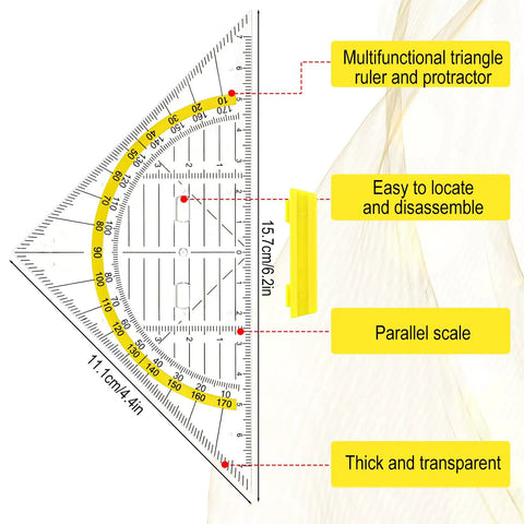 Four Piece Transparent Triangle Ruler Set With Protractor And Set Squares For Drafting And Geometry Drawing A Handy Multifunction Tool Kit For Designers Architects Engineers And Students. transparent 15.7cm triangle ruler with protractor and parallel scale