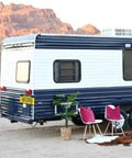 Beefed Up Heavy Duty Black Stainless Steel Trailer License Plate Bracket Holder on RV in desert setting