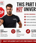 Man holding stop sign with caution about Replacement Treadmill Key For Rebok Models Part 301180 compatibility on poster.