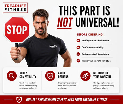 Man holding stop sign with caution about Replacement Treadmill Key For Rebok Models Part 301180 compatibility on poster.
