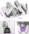 Sturdy Stainless Steel Mop Broom Wall Mount Organizer Rack With Four Gripper Positions And Hooks Heavy Duty Perfect Laundry Room Kitchen Garage Storage System For Tools And Cleaning Gear, dimensions visible