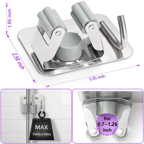Sturdy Stainless Steel Mop Broom Wall Mount Organizer Rack With Four Gripper Positions And Hooks Heavy Duty Perfect Laundry Room Kitchen Garage Storage System For Tools And Cleaning Gear, dimensions visible