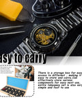 Mainspring Winder Set With Storage Box For Watches, 10 Interchangeable Arbors for watch repair displayed with tools