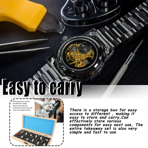 Mainspring Winder Set With Storage Box For Watches, 10 Interchangeable Arbors for watch repair displayed with tools
