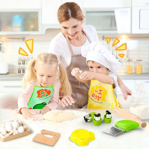 HAIMST 15-piece Montessori toddler kitchen tool set; green plastic tools, wooden cutting board, kids cooking in kitchen