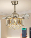 Dope 36 Inch Dimmable Crystal Ceiling Fan With Retractable Blades Modern Fandelier Light Fixture Remote Control Chandelier Style Ceiling Fan For Bedroom And Living Room Polished Nickel Finish showing remote control and mobile app.
