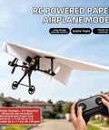 DIY Remote Control Paper Airplane Kit With Dual Propellers in flight outdoors, featuring remote control in hand.