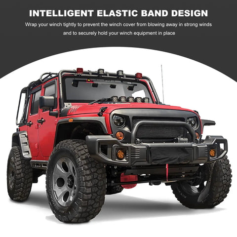 Heavy Duty 600D Oxford Winch Cover Waterproof And Uv Resistant Protector on red Jeep with elastic band design