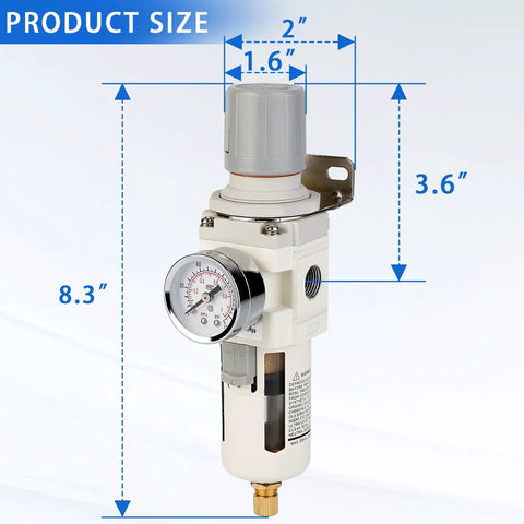 Beefy Three Eighth NPT Compressed Air Filter Regulator Combo with 5 Micron Brass Filter Semi Auto Drain Polycarbonate Bowl size chart