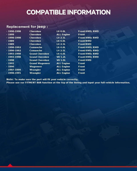 Compatible information table for Jeep models from 1990 to 1999, detailing engine types and compatibility for Front Wheel Bearing And Hub Assembly 513084 Fits Jeep Wrangler 1990 1995 1997 1999 4x4 Cherokee 1990 1998 Grand Cherokee 1993 1998 4x4 5 Lug Replacement Durable Reliable.