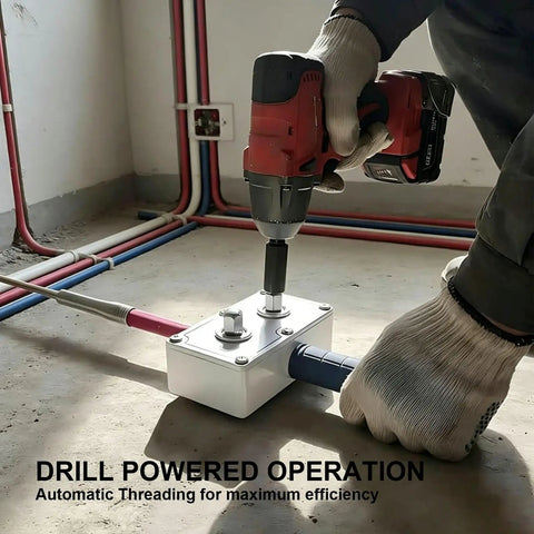 Automatic Electrician Wire Puller Drill Powered Cable Threading Rig in use with drill and electrical conduit wiring at job site.