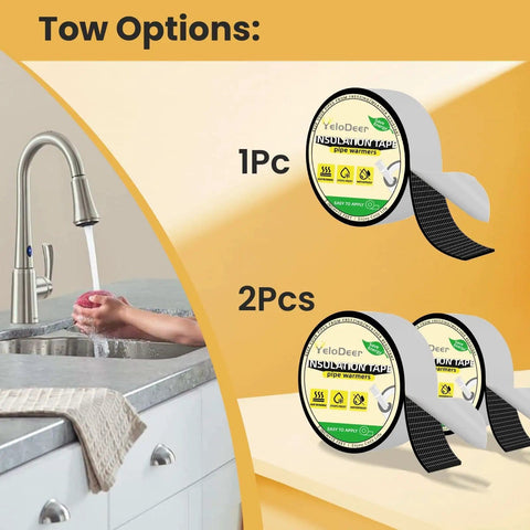 Pipe Insulation Wrap Self Adhesive Foam Tape 2 Inch By 13 Foot For Water Pipes And Outdoor AC Lines Weatherproof Winter Freeze Protection Easy Peel And Stick Design, showing packaging for one and two rolls, with kitchen faucet in background.
