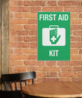 Emergency Medical Supplies Sign For Office, Shop, Or Home Use Rugged 8x12 Inch Aluminum Warning Plate with high-visibility letters on brick wall.