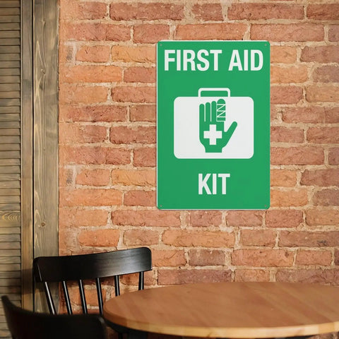 Emergency Medical Supplies Sign For Office, Shop, Or Home Use Rugged 8x12 Inch Aluminum Warning Plate with high-visibility letters on brick wall.