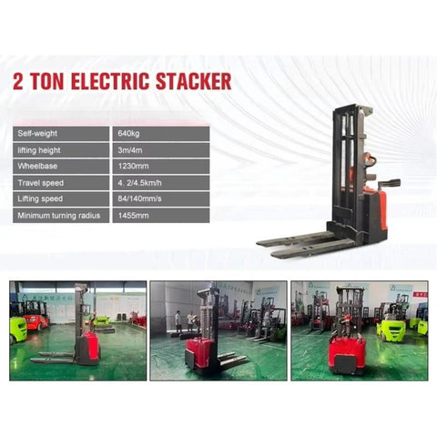 Heavy Duty Electric Pallet Stacker Forklift powered warehouse lift truck shown in warehouse setting with detailed specifications.