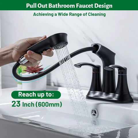 Pull-Down Lavatory Faucet For 3-Hole Vanity 4-Inch Centerset Matte Black Dual-Handle Design Easy Install Three Modes Stream Spray Pause With Splash-Reducing Bubble Or Powerful Rainfall Modern Dope Bath Upgrade
