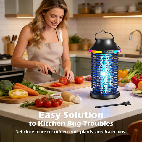 Woman using Cordless Outdoor Bug Zapper 4200V 5 In 1 Mosquito Killer With 5000mAh Battery in kitchen next to vegetables.
