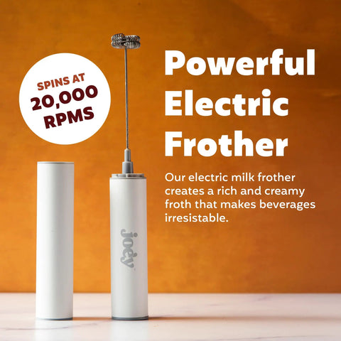 USB Rechargeable Electric Milk Frother Handheld Wand With Dual Speed Stainless Steel Whisk displayed against brown background