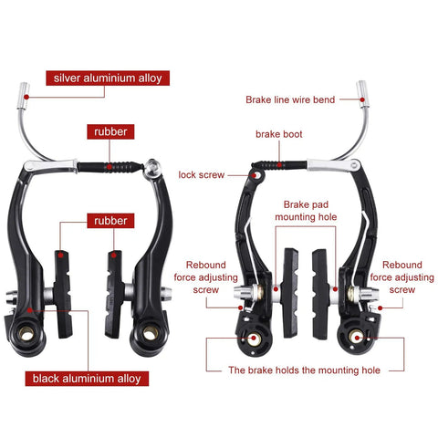 Black Complete Bike Brake Set Front And Rear For MTB And Hybrid Bikes Includes Calipers Levers Inner And Outer Cables And A No Fuss Cable Kit with labels pointing out features like brake line, lock screw, and rubber parts.