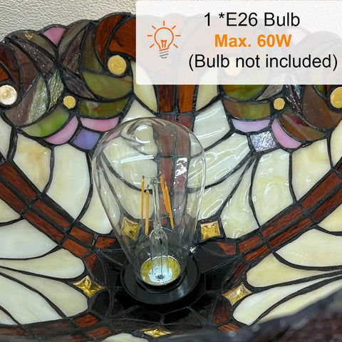 Close-up of the Tiffany Torchiere Floor Lamp With Stained Glass Shade showing bulb socket and intricate glass details.
