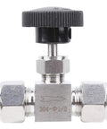 Front view of a 304 stainless steel needle valve with black knurled adjustment knob and 1/2-in compression fittings.