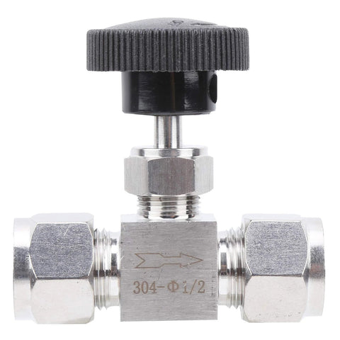 Front view of a 304 stainless steel needle valve with black knurled adjustment knob and 1/2-in compression fittings.