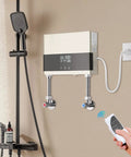 Mini Tankless Water Heater Electric 4000W 110V Instant Hot Water On Demand Space Saving Design mounted on wall with remote.